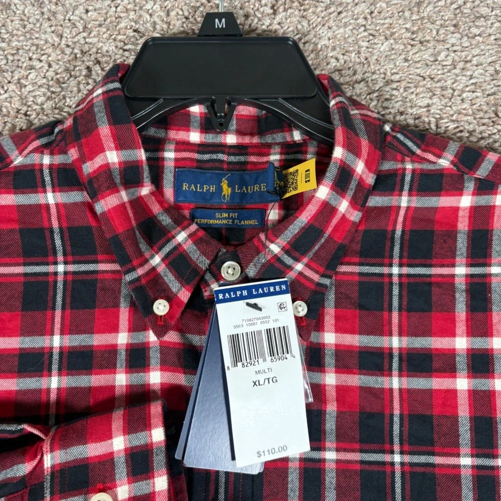 Polo Ralph Lauren Mens XL Slim Fit Performance Flannel Shirt Red Black Plaid NEW